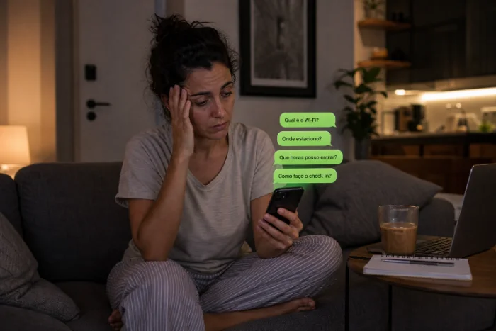 Anfitriã estressada no sofá à noite, olhando mensagens de hóspede perguntando Wi-Fi, estacionamento e check-in