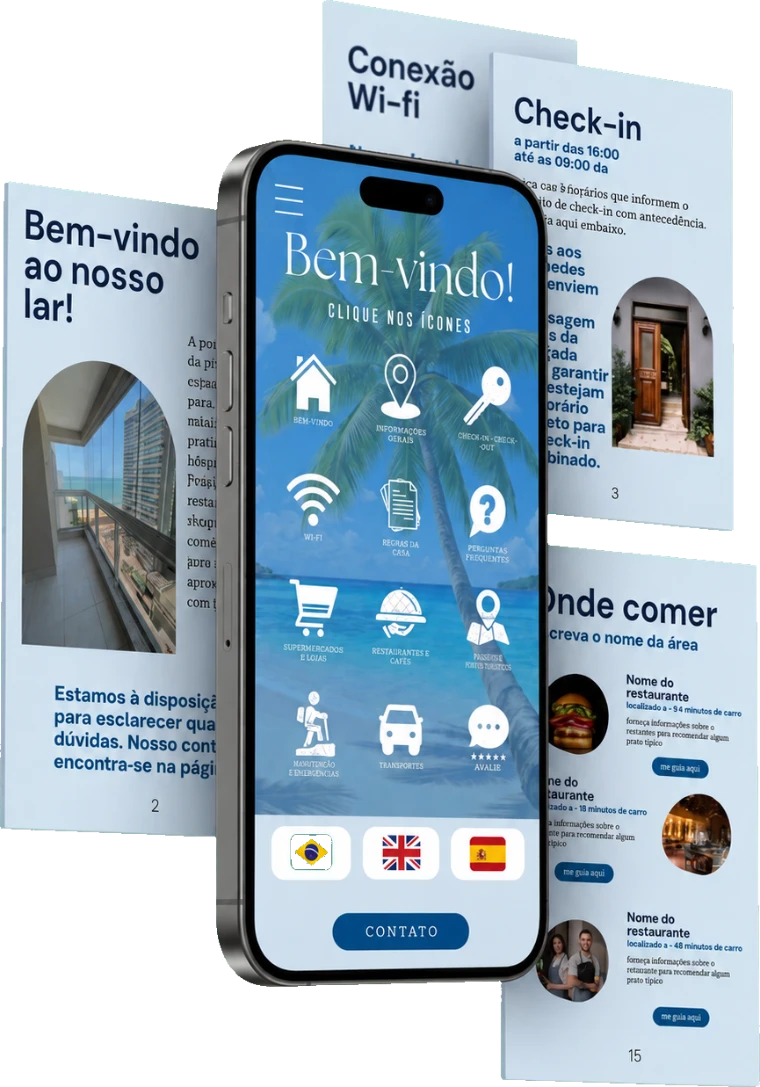 Guia digital aberto no celular do hóspede, com as páginas de boas-vindas, Wi-Fi, check-in e onde comer ao redor