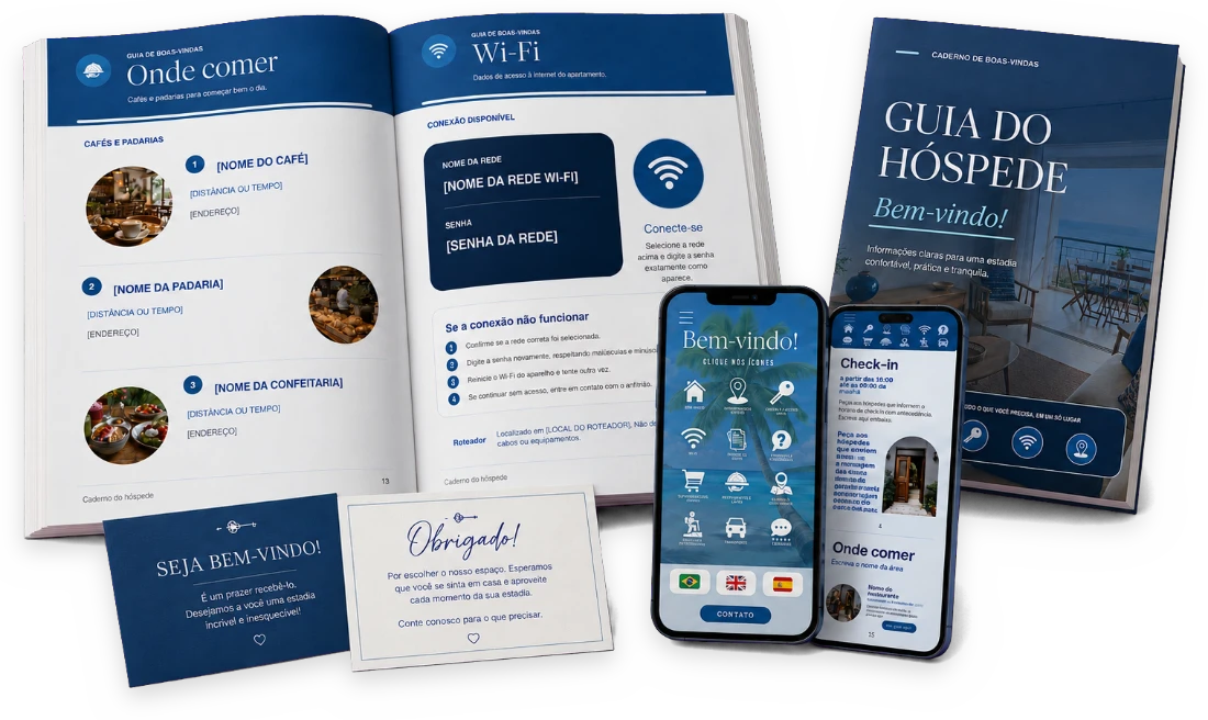 O Kit Completo: guia digital no celular, caderno de boas-vindas impresso, cartões e placas de sinalização